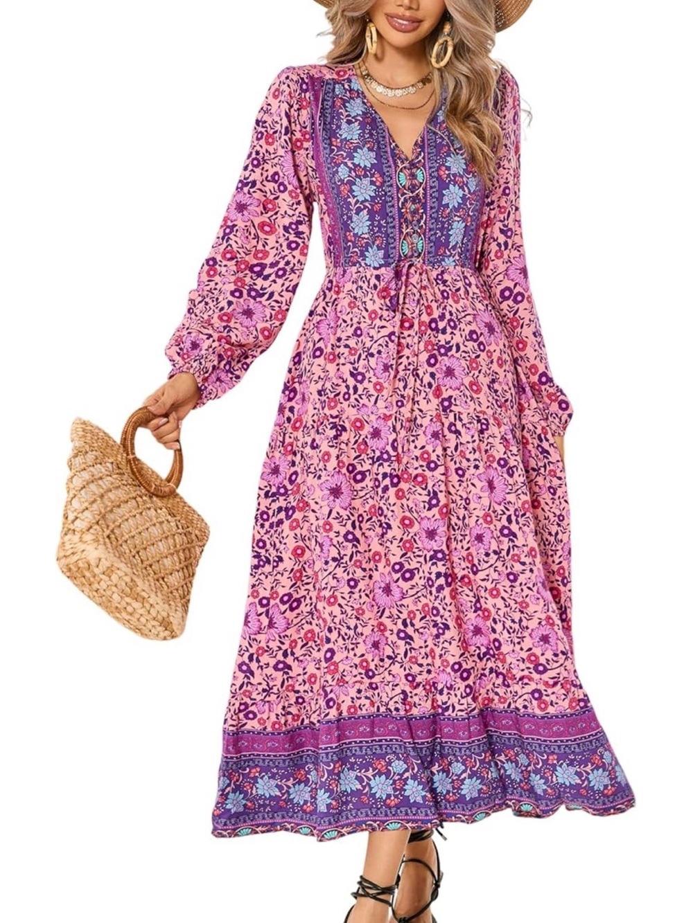 Bohemian Pink Floral Maxi Dress with Floral button up and drawstring Bodice